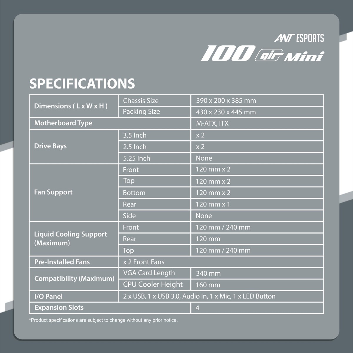 Ant Esports 100 Air Mini Tower (M-ATX/ITX) Gaming Cabinet White 2x120mm Fans - gallery image