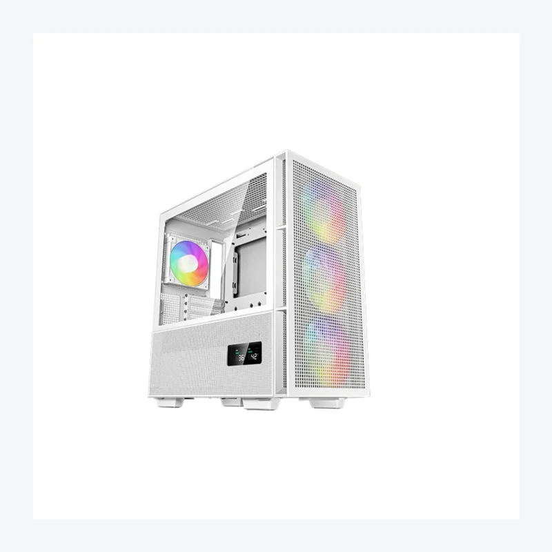 DeepCool CH560 Digital white ATX case, angled front view with perforated mesh and digital temp display.