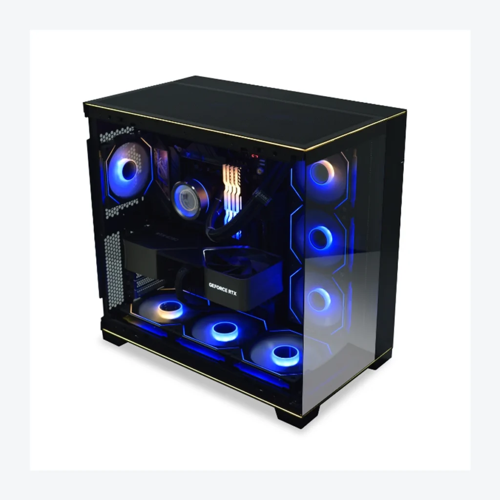 Hakeemi — Lian Li O11 Dynamic EVO RGB, angled right view showing tempered-glass panel and RGB fan array