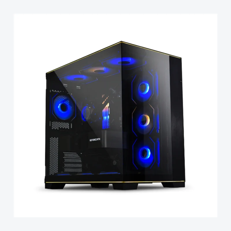Lian Li O11 Dynamic EVO RGB, angled left view with triple side intake and top fans glowing blue