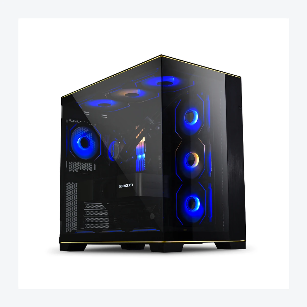 Lian Li O11 Dynamic EVO RGB, angled left view with triple side intake and top fans glowing blue